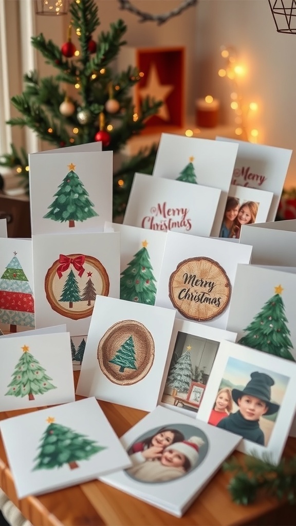 A collection of unique handmade Christmas cards in various styles, including watercolor and rustic designs.